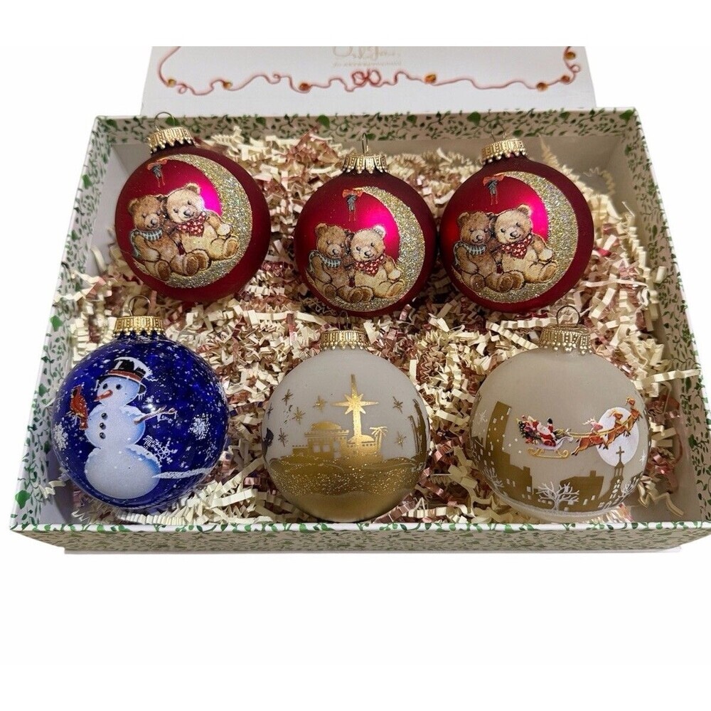 Vtg Krebs Hand Decorated Glass Christmas Ornaments Set Of 6 Teddy Bear Santa
